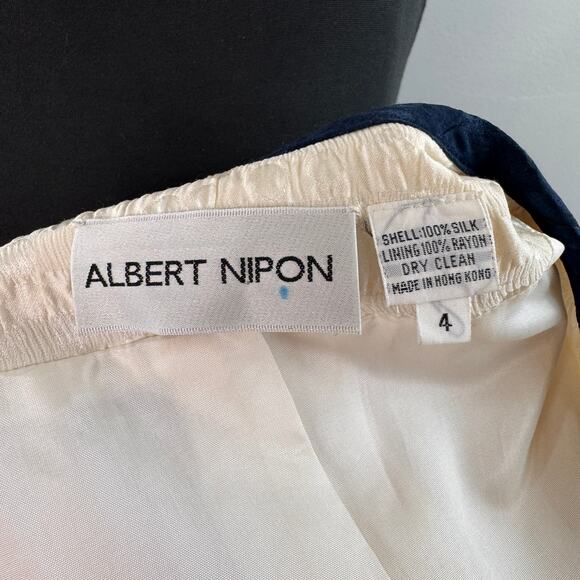 VTG Albert Nipon Cream Navy Crop Jacket Silk Polka Dot Striped Pearl Button Sz 4 - Picture 5 of 5